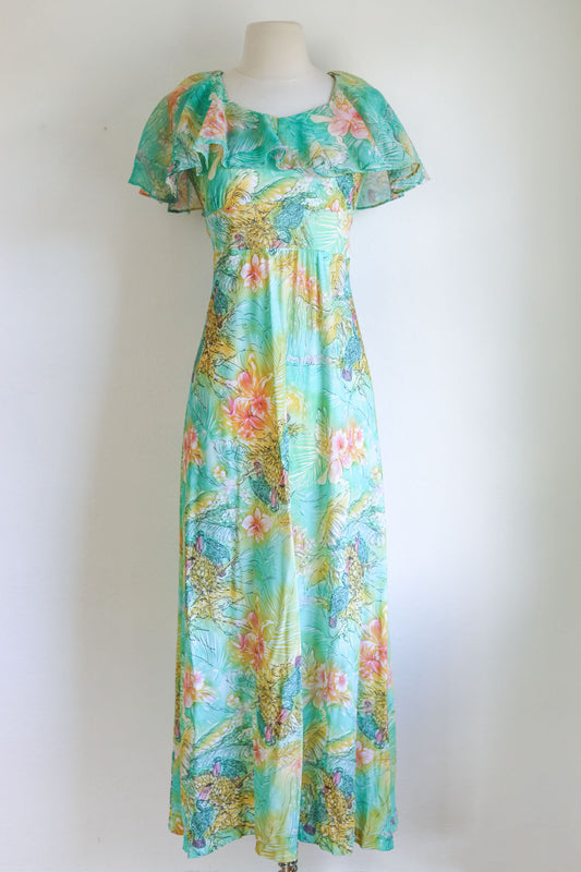 Vintage 1970s does 1930s Dress - Novelty Print Toucan Birds Bananas Aqua Hot Pink Jersey Organdy Maxi Size S to M