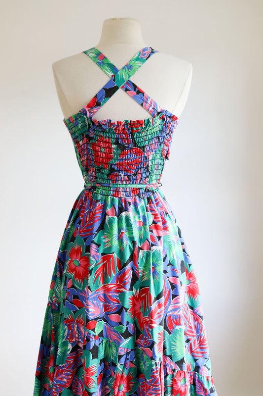 Vintage 1970s to 1980s Sundress - Flirty Dash-About Cotton Black Tropical Floral Print Convertible Halter Dress Size XS - M