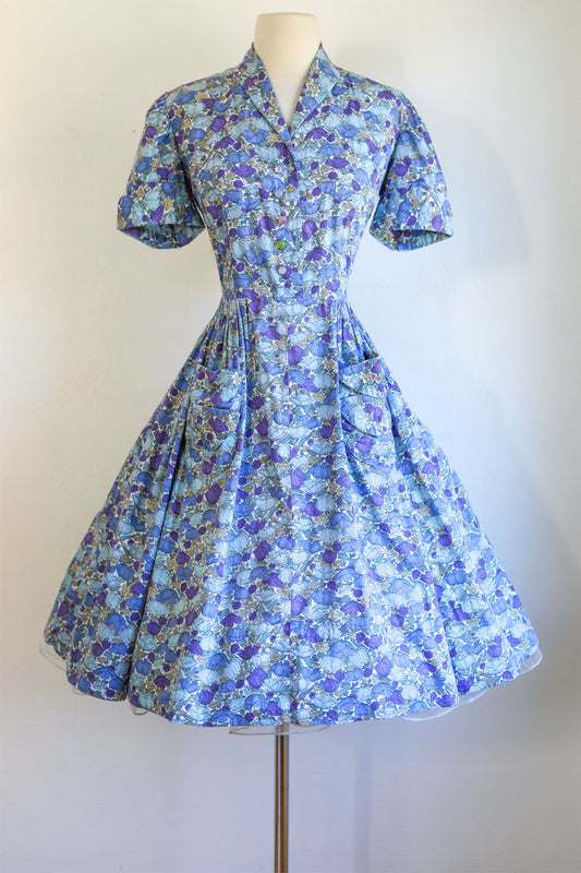 Vintage 1950s Dress - William Morris Style Tulip Print Lavender Blue Cotton Shirtwaist w "Opals" Size M to L