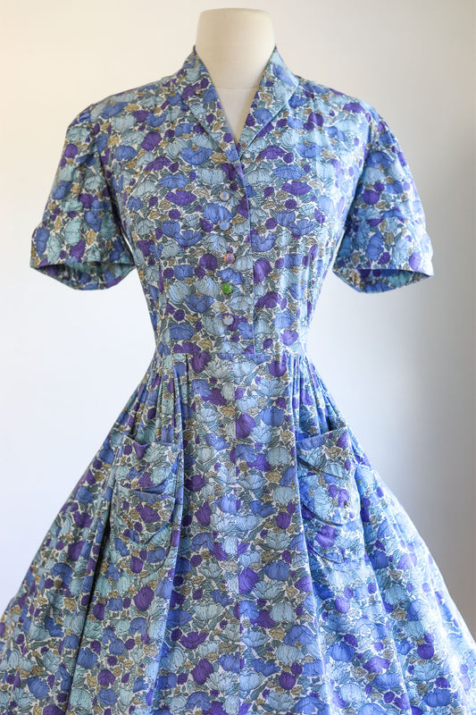 Vintage 1950s Dress - William Morris Style Tulip Print Lavender Blue Cotton Shirtwaist w "Opals" Size M to L