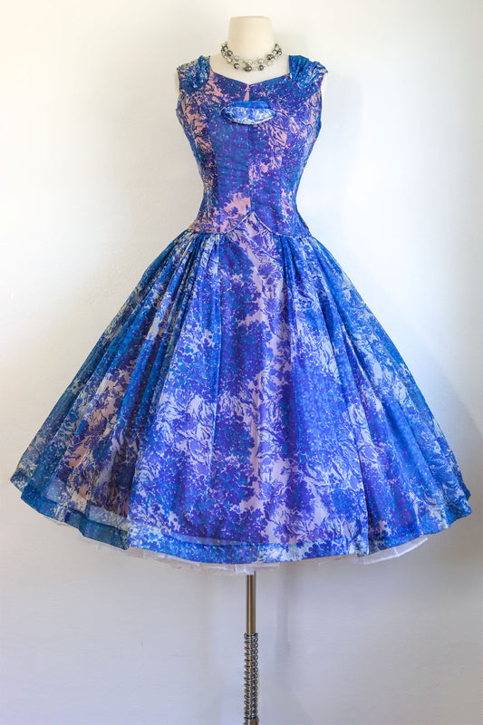 Vintage 1950s Dress - Gorgeous Cobalt Blue Hydrangea Floral Print w Rhinestones/Studs Princess Sundress Size S to M
