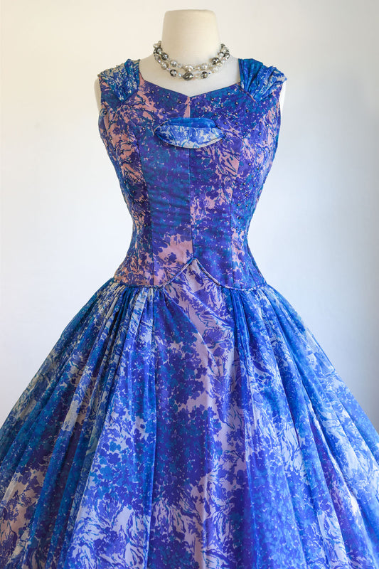 Vintage 1950s Dress - Gorgeous Cobalt Blue Hydrangea Floral Print w Rhinestones/Studs Princess Sundress Size S to M