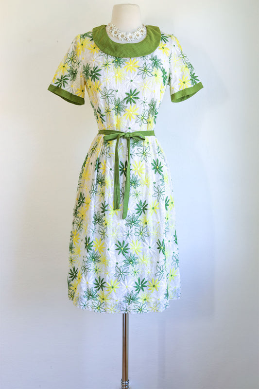 Vintage 1960s Dress - Lemon + Olive Embroidered Cotton + Butcher Linen Belted Dress Size M to L