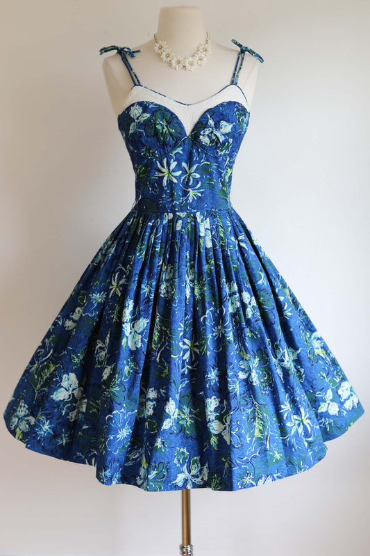 Vintage 1950s Hawaiian Sundress - EXCEPTIONAL Blue Floral Smocked Full Skirt Party Dress Size XS to S