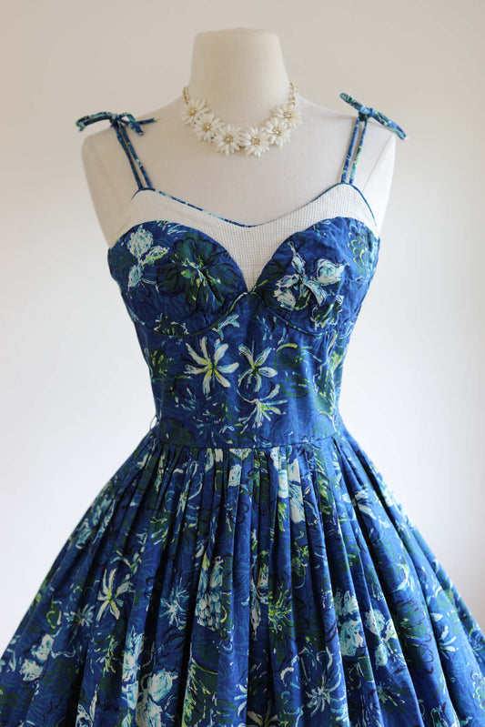 Vintage 1950s Hawaiian Sundress - EXCEPTIONAL Blue Floral Smocked Full Skirt Party Dress Size XS to S