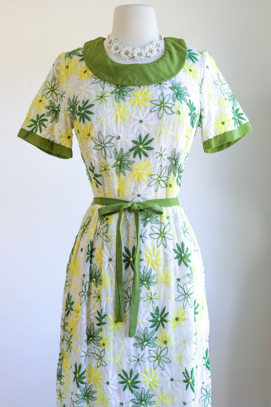 Vintage 1960s Dress - Lemon + Olive Embroidered Cotton + Butcher Linen Belted Dress Size M to L