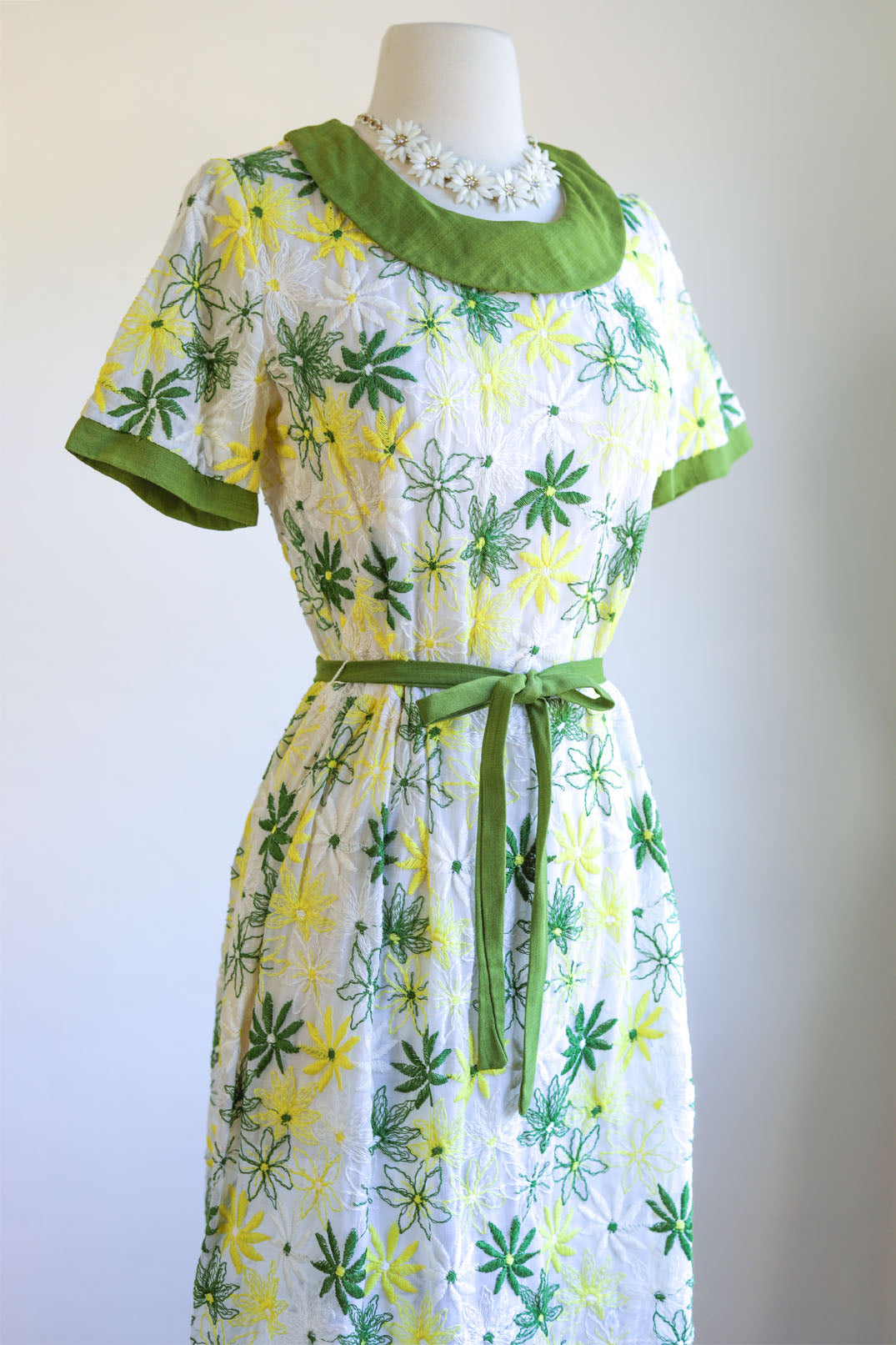 Vintage 1960s Dress - Lemon + Olive Embroidered Cotton + Butcher Linen Belted Dress Size M to L