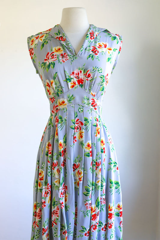 Vintage 1930s Dress - Swingy Rayon Rose Print Sleeveless Tropical Brights Sundress Size S to M