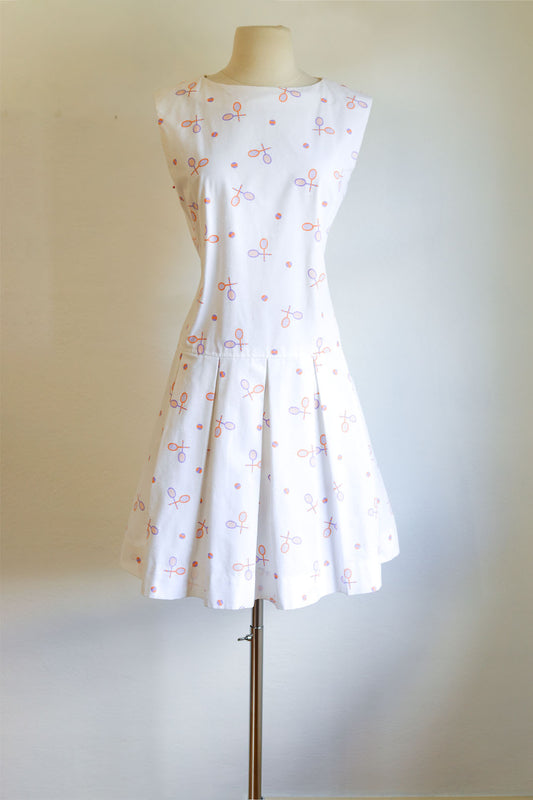 Vintage 1960s Dress - Cutest Mod Cotton Sport Tennis Novelty Print Sundress Size M to L
