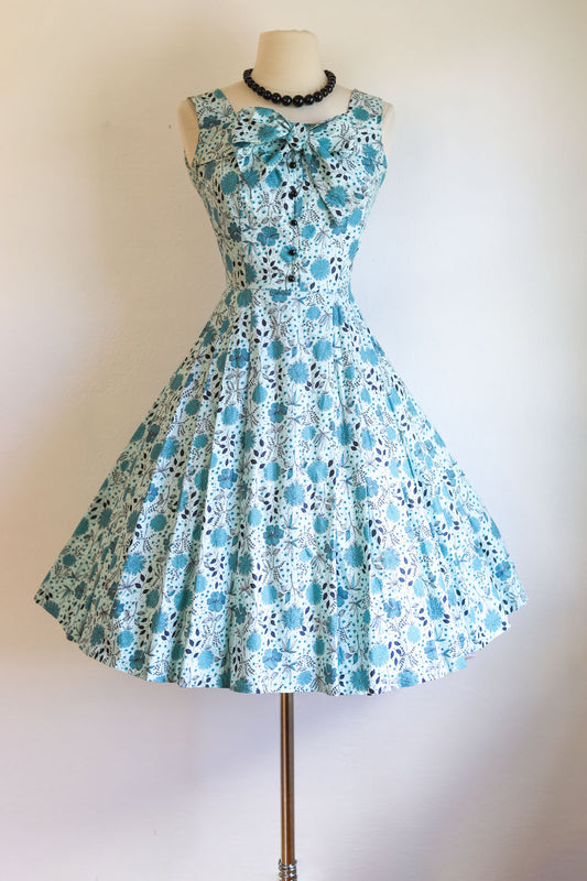 Vintage 1950s Dress - Darling Robin Egg Blue Black Mod Floral Print Sundress w Bow Size S
