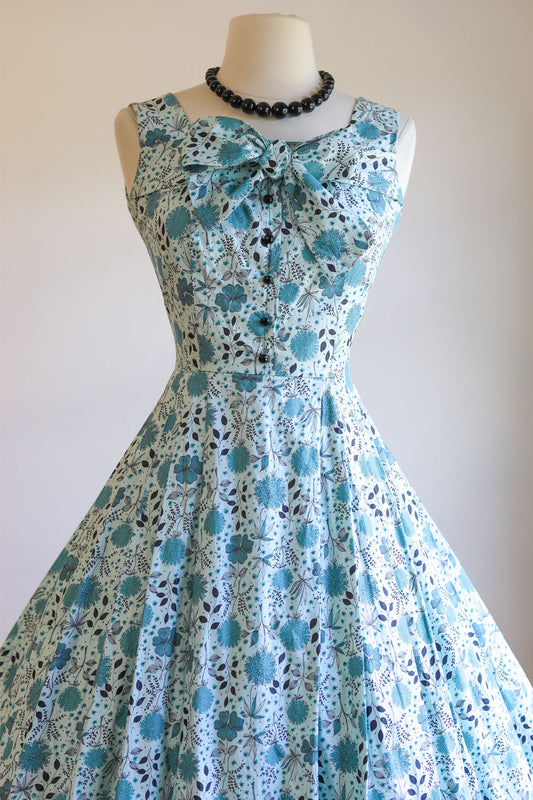 Vintage 1950s Dress - Darling Robin Egg Blue Black Mod Floral Print Sundress w Bow Size S