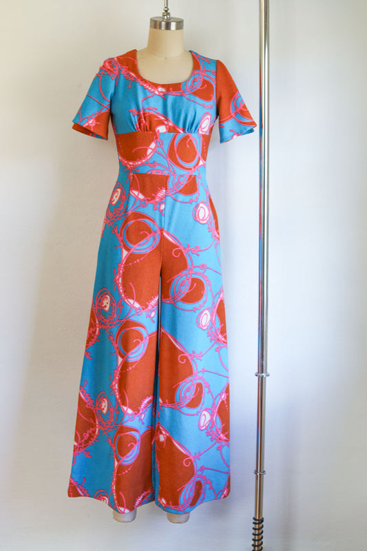 Vintage 1970s Wide Leg Jumpsuit - Wild Blue Pink Tan Psychedelic Jersey Flutter Sleeve Bell Bottom Romper Size S