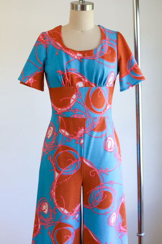 Vintage 1970s Wide Leg Jumpsuit - Wild Blue Pink Tan Psychedelic Jersey Flutter Sleeve Bell Bottom Romper Size S