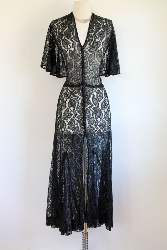 Vintage 1930s Redingote - Volup! Summer Goth Black Sheer Lace Deco Duster Evening Jacket Dress Size L to XL