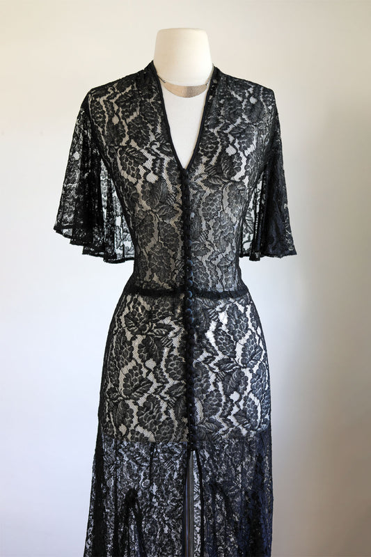 Vintage 1930s Redingote - Volup! Summer Goth Black Sheer Lace Deco Duster Evening Jacket Dress Size L to XL