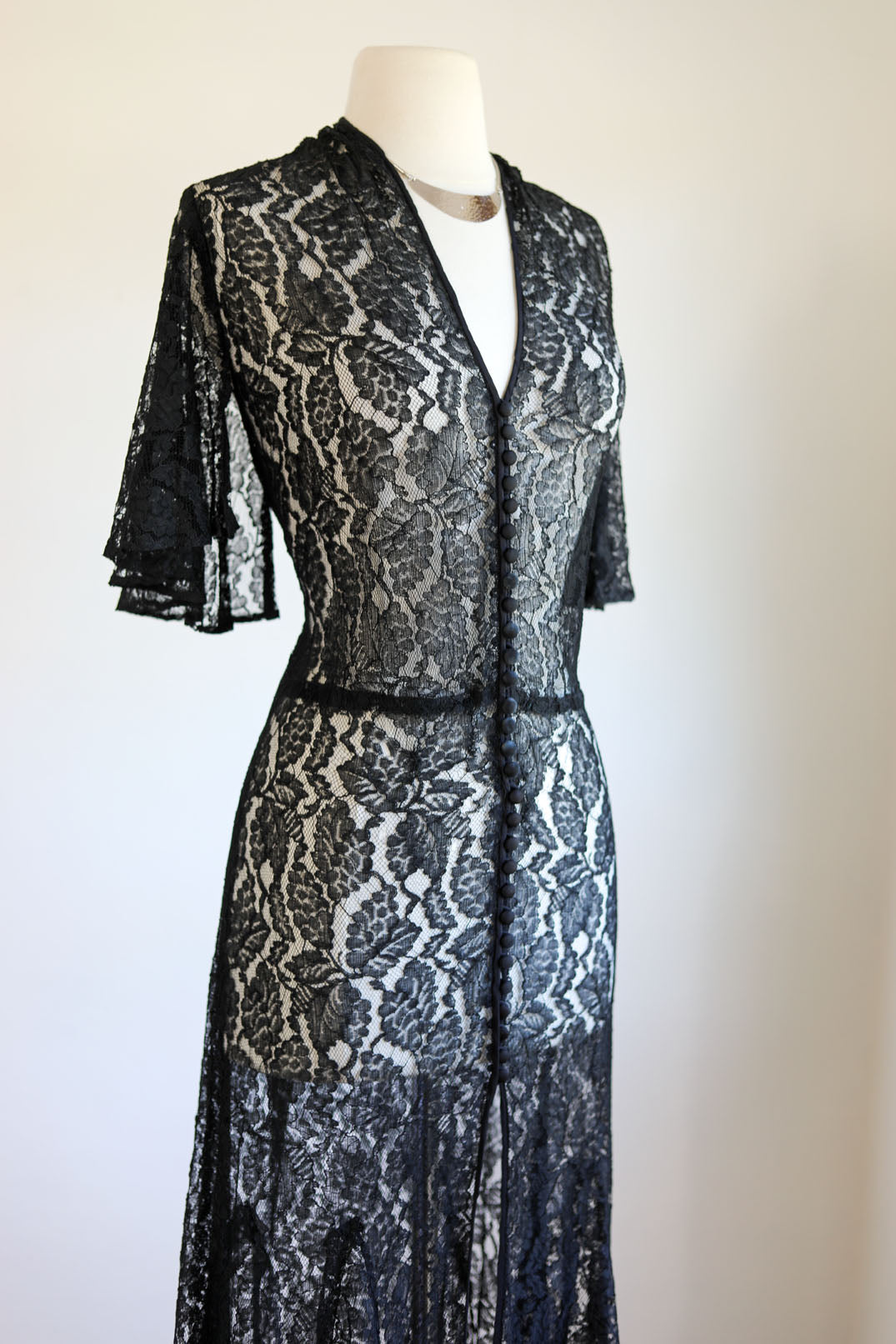 Vintage 1930s Redingote - Volup! Summer Goth Black Sheer Lace Deco Duster Evening Jacket Dress Size L to XL