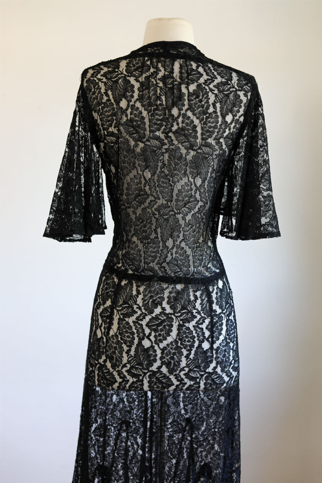 Vintage 1930s Redingote - Volup! Summer Goth Black Sheer Lace Deco Duster Evening Jacket Dress Size L to XL
