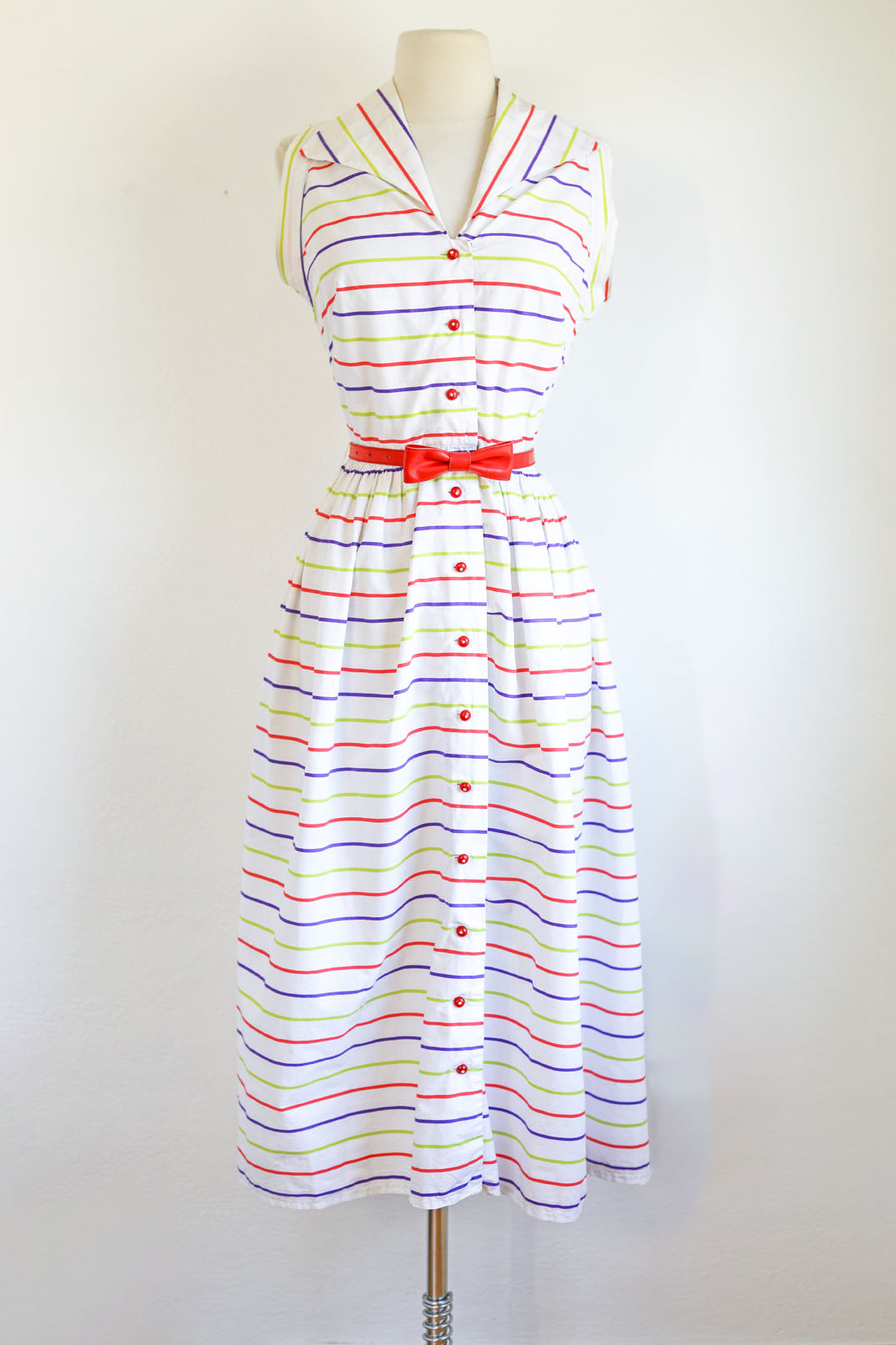 Vintage 1940s to 1950s Sundress - Fruit Stripe Gum Chartreuse Purple Red Cotton Sundress w Rhinestones Size S