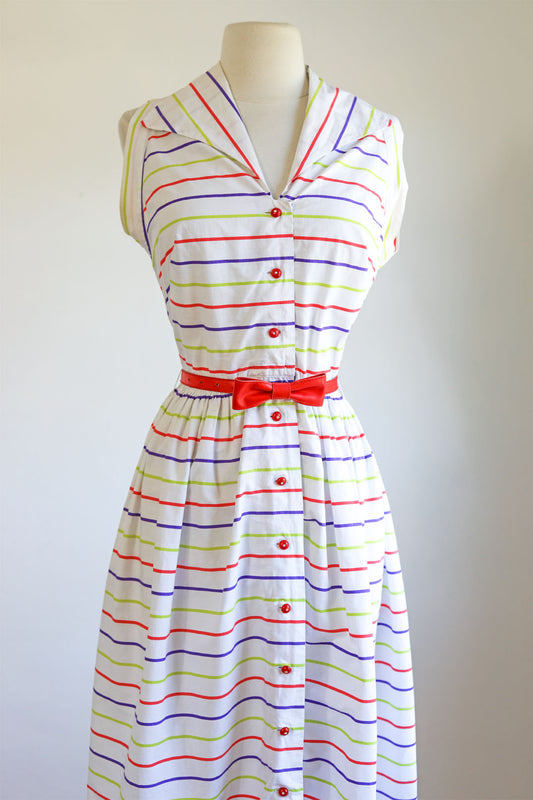 Vintage 1940s to 1950s Sundress - Fruit Stripe Gum Chartreuse Purple Red Cotton Sundress w Rhinestones Size S