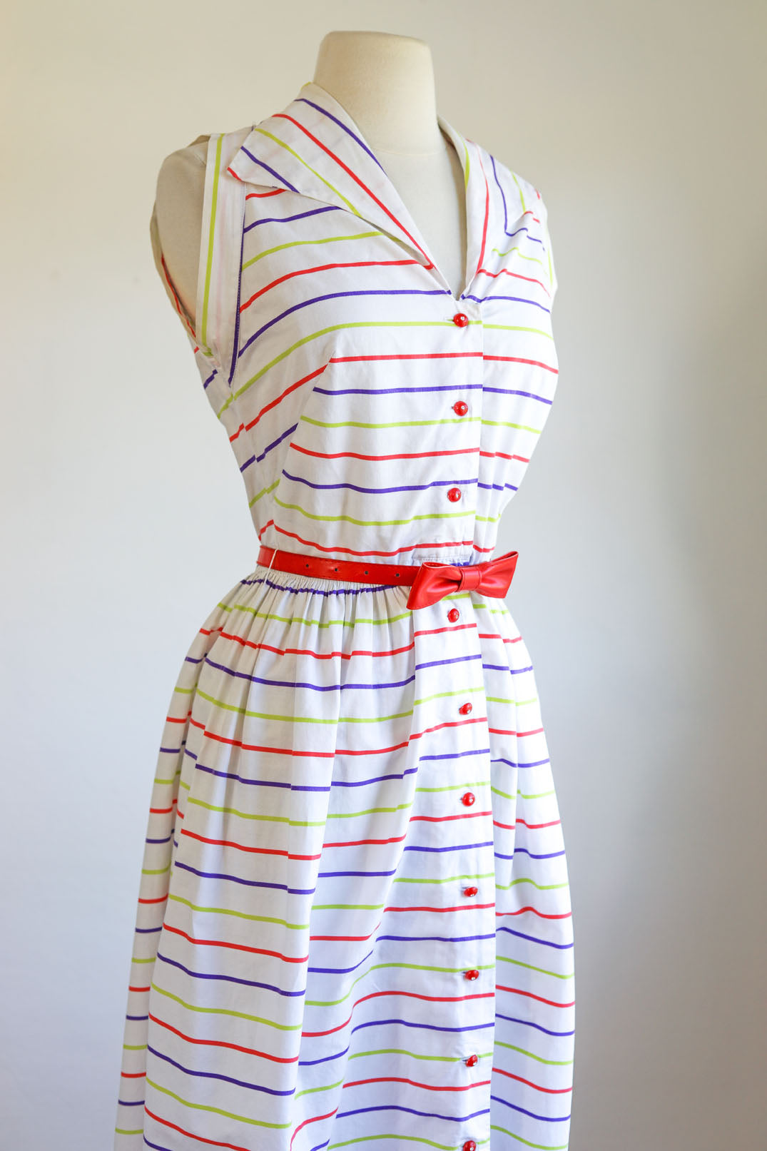 Vintage 1940s to 1950s Sundress - Fruit Stripe Gum Chartreuse Purple Red Cotton Sundress w Rhinestones Size S