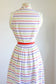 Vintage 1940s to 1950s Sundress - Fruit Stripe Gum Chartreuse Purple Red Cotton Sundress w Rhinestones Size S