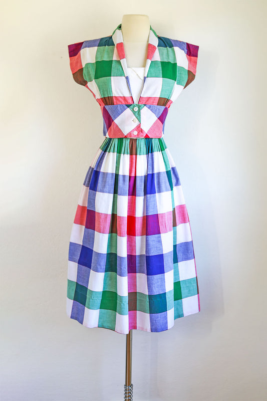 Vintage 1940s to 1950s Sundress - Jaunty Chambray Plaid Cotton Dress + Cropped Bolero Jacket Size XS to S