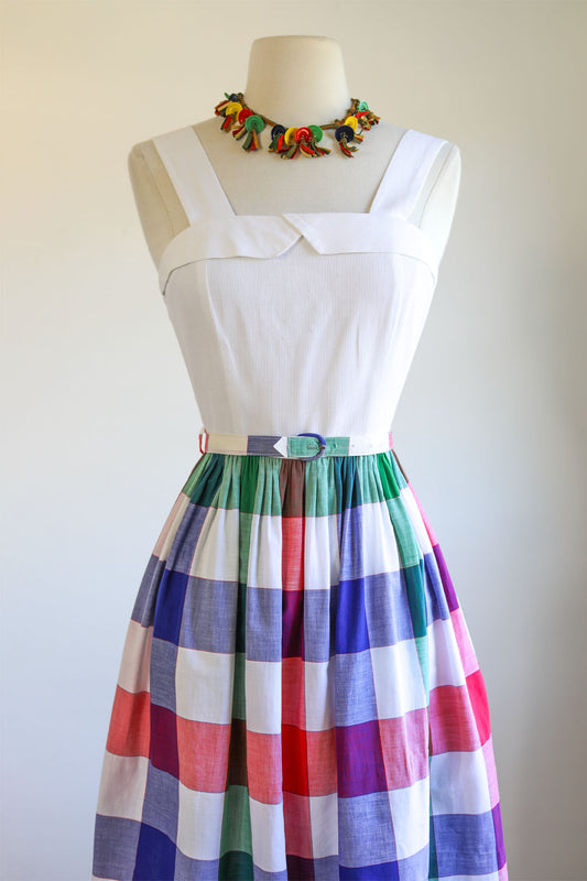 Vintage 1940s to 1950s Sundress - Jaunty Chambray Plaid Cotton Dress + Cropped Bolero Jacket Size XS to S