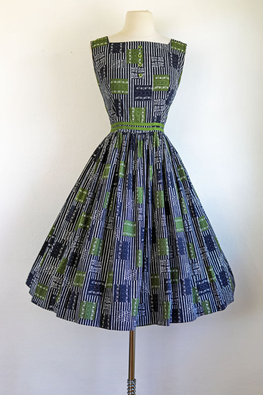 Vintage 1950s Sundress - Patchwork Hickory Stripe Black Olive Novelty Print Cotton Dress Size L