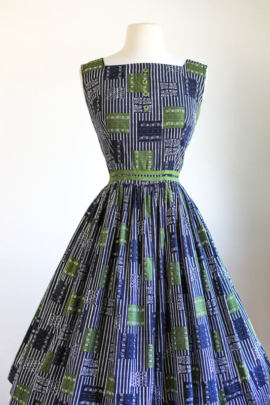 Vintage 1950s Sundress - Patchwork Hickory Stripe Black Olive Novelty Print Cotton Dress Size L