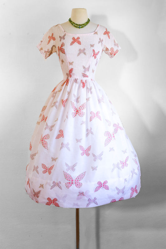 Vintage 1950s Dress - Documented 1959 L'aiglon Novelty Pink Butterfly Insect Floral Print Voile Dress Size XS to S