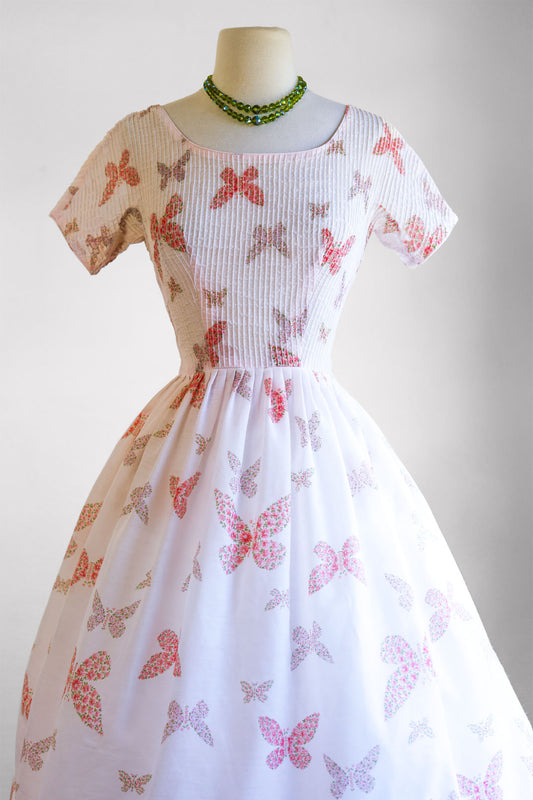 Vintage 1950s Dress - Documented 1959 L'aiglon Novelty Pink Butterfly Insect Floral Print Voile Dress Size XS to S