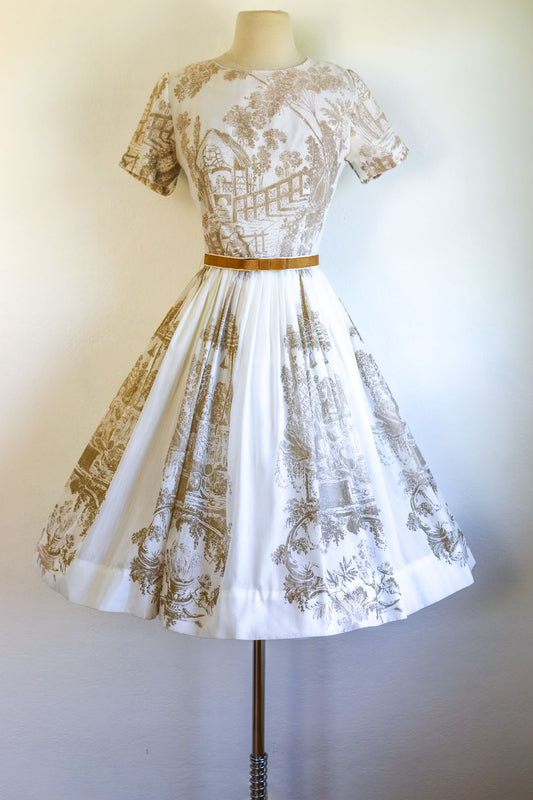 Vintage Documented Early 1960s Dress - Jonathan Logan Caramel Baroque Toile Novelty Print Voile Dress Size XS to S