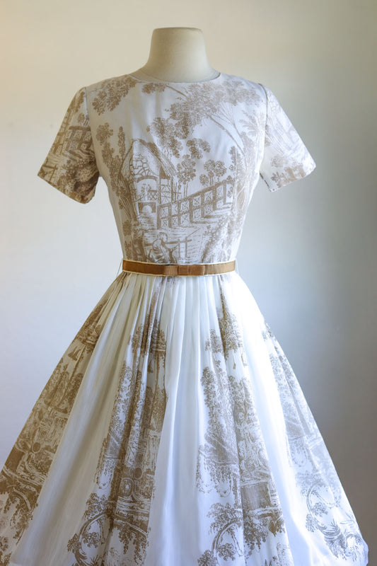 Vintage Documented Early 1960s Dress - Jonathan Logan Caramel Baroque Toile Novelty Print Voile Dress Size XS to S