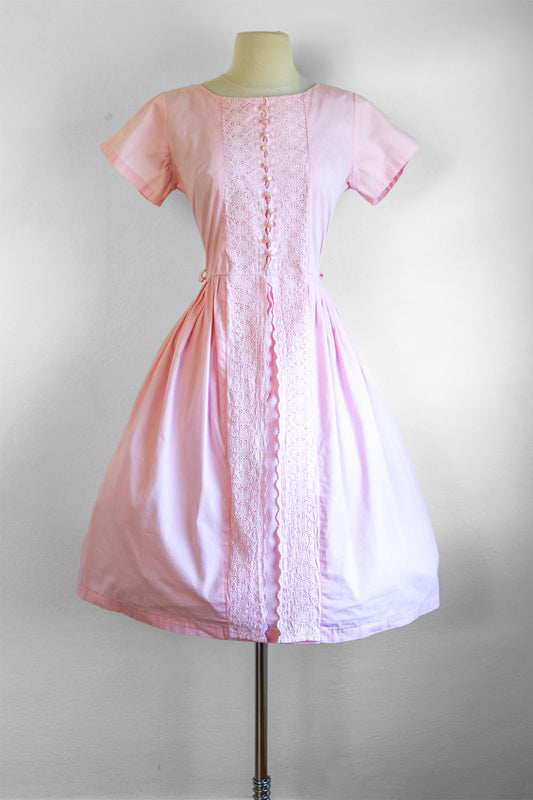 Vintage 1950s Dress - Candy Pink + Embroidered Pure Cotton Sundress Size M to L