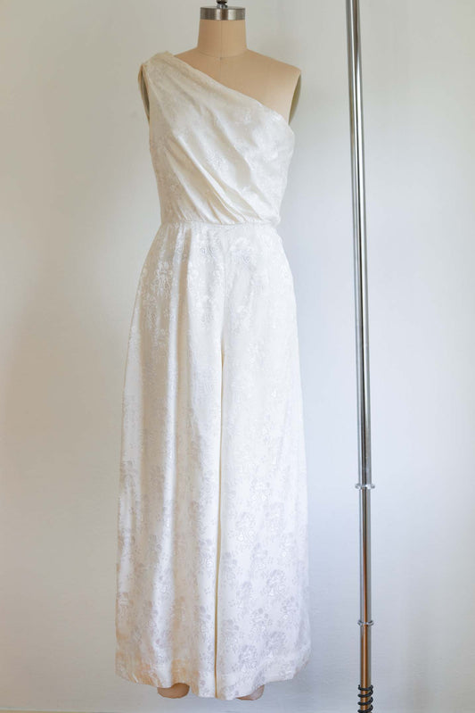 Vintage 1940s One-Shoulder Wide Leg Jumpsuit - WOW! Ivory Satin Brocade Wedding or Hostess w Palazzo Pants Size XS to S