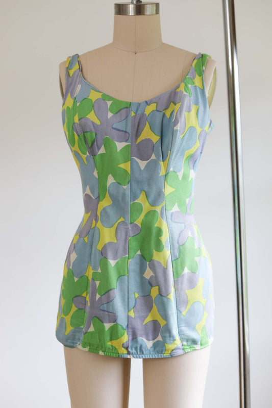 Vintage 1960s Swimsuit - MOD Blue Lime Chartreuse Flower Power Princess Seam Bathing Suit Size M