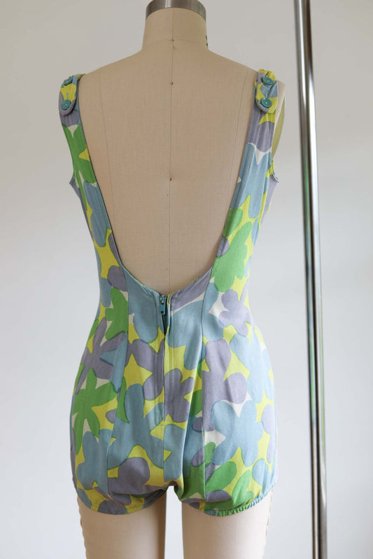 Vintage 1960s Swimsuit - MOD Blue Lime Chartreuse Flower Power Princess Seam Bathing Suit Size M