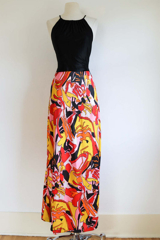 Vintage 1960s Knitwear Maxi Gown - SEXY Black + Colorful, Slinky Jersey Knit Halter Neck Long Sundress Size S to M