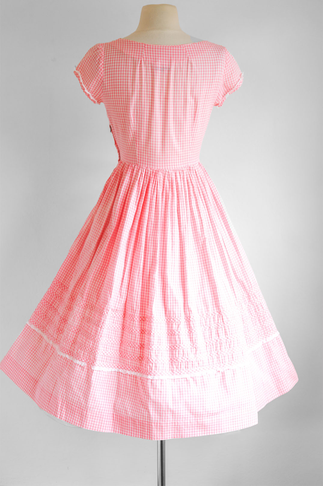 Vintage 1950s Dress - Pink Gingham Plaid Cotton w Bow Appliques Sundress Size M