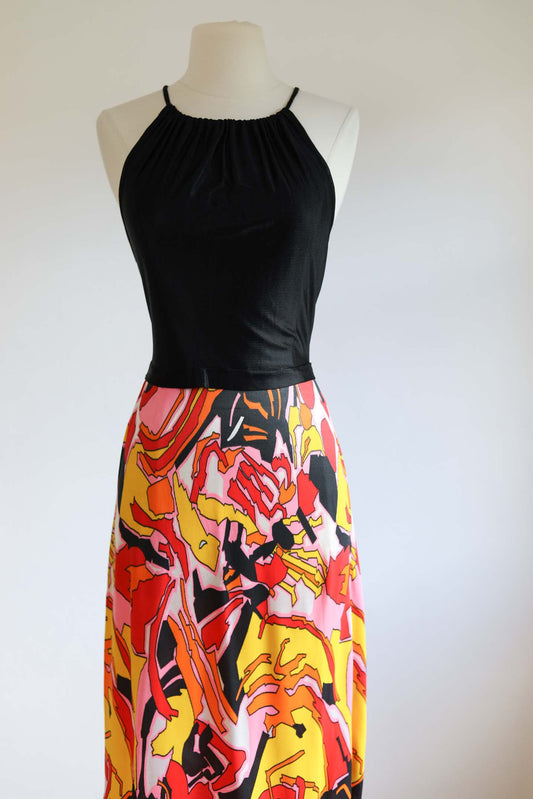 Vintage 1960s Knitwear Maxi Gown - SEXY Black + Colorful, Slinky Jersey Knit Halter Neck Long Sundress Size S to M
