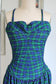 Vintage 1950s Swimsuit - Sassy Bubble Booty Blue Green Tartan Plaid Cotton w Petal Bust + 4-Way Straps Bathing Suit Size XS to S