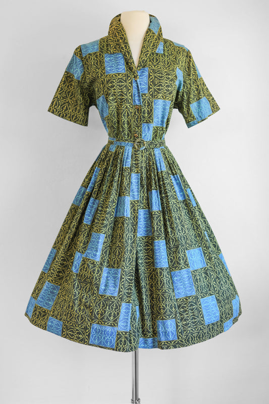 Vintage 1950s Dress - Volup! Black Blue Olive Heraldic Iron Gate Print Cotton Shirtwaist Size L to XL
