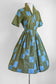 Vintage 1950s Dress - Volup! Black Blue Olive Heraldic Iron Gate Print Cotton Shirtwaist Size L to XL