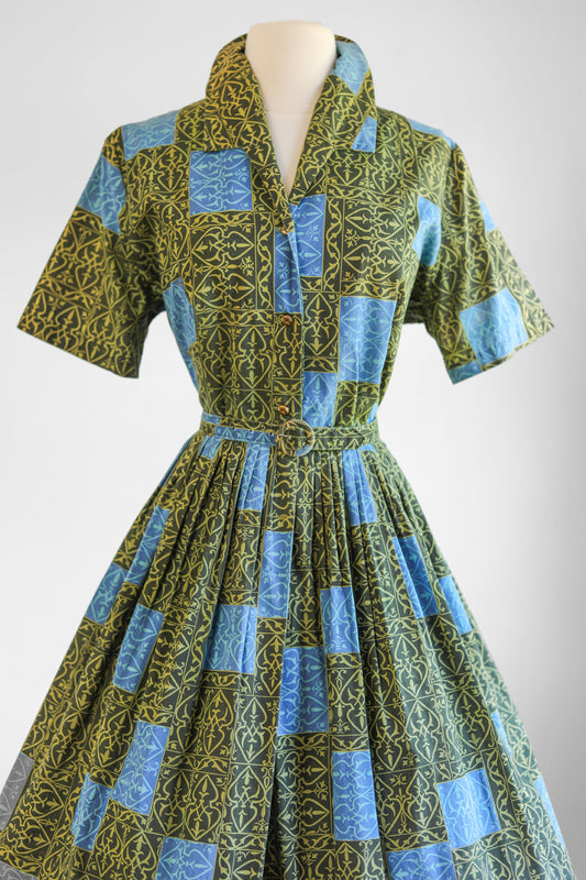 Vintage 1950s Dress - Volup! Black Blue Olive Heraldic Iron Gate Print Cotton Shirtwaist Size L to XL