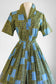 Vintage 1950s Dress - Volup! Black Blue Olive Heraldic Iron Gate Print Cotton Shirtwaist Size L to XL