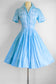 Vintage 1950s Dress - Pastel Blue White Embroidery Butterfly Insects Cotton Shirtwaist Size S