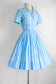 Vintage 1950s Dress - Pastel Blue White Embroidery Butterfly Insects Cotton Shirtwaist Size S