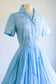 Vintage 1950s Dress - Pastel Blue White Embroidery Butterfly Insects Cotton Shirtwaist Size S
