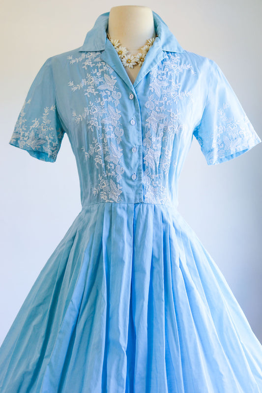 Vintage 1950s Dress - Pastel Blue White Embroidery Butterfly Insects Cotton Shirtwaist Size S