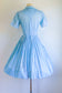 Vintage 1950s Dress - Pastel Blue White Embroidery Butterfly Insects Cotton Shirtwaist Size S